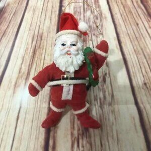 Vintage Flocked Christmas Santa Ornament W/Wreath